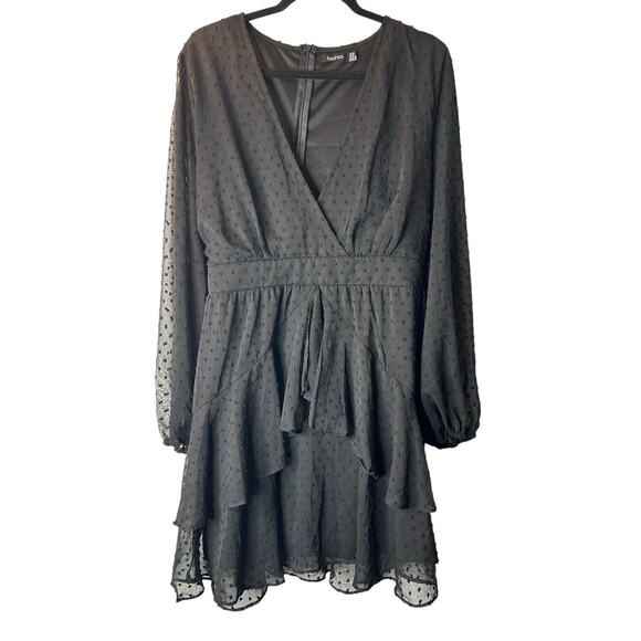 Boohoo Dress Size 16 Black Ruffle Hem Dobby Chiffon Swiss Dots Long Sleeve Mini - Picture 1 of 12